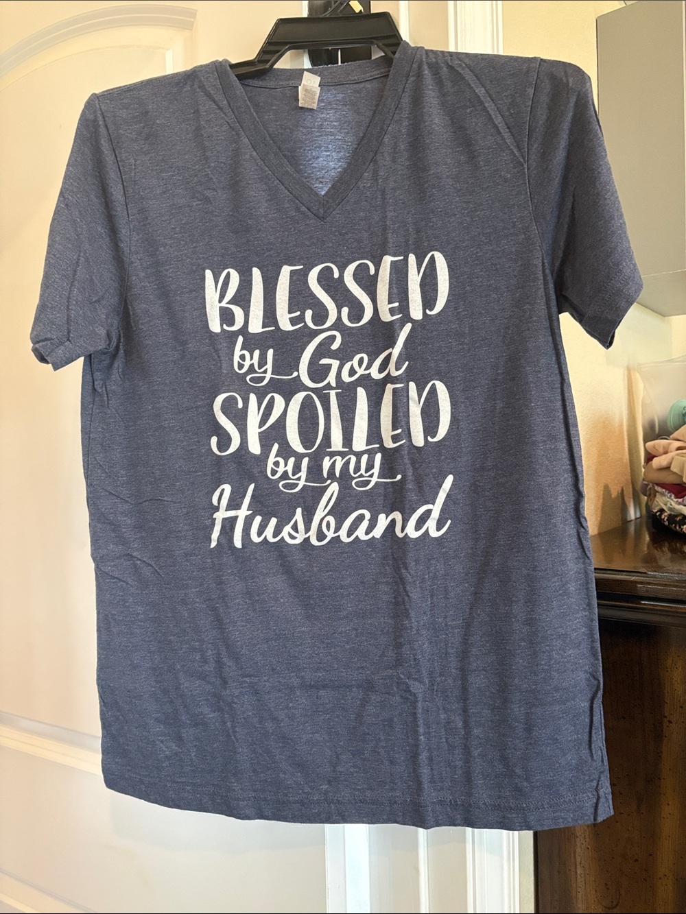 Blessed by God Spoiled by My Husband Navy V-Neck Tee